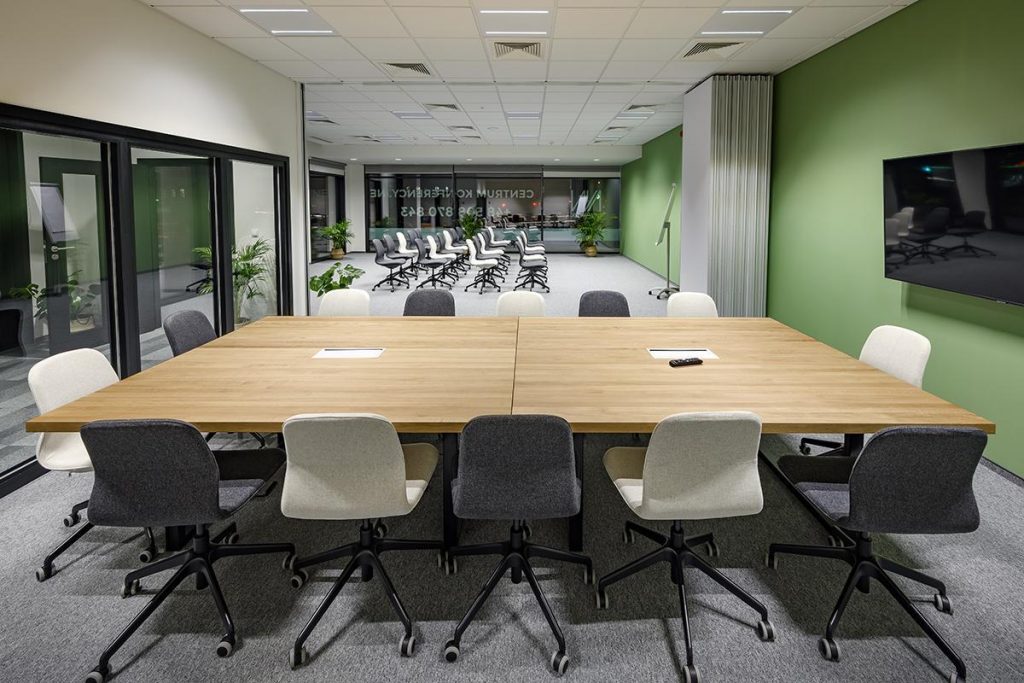Inside view of a large meeting room in the New Work Imagine building in Łódź